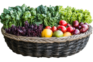 Freshly harvested vegetables in a woven basket on display png