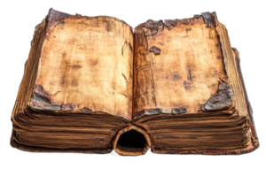 Open ancient book with worn pages and history wait png