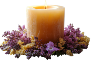 Candle surrounded by colorful flowers for relaxation png