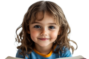 Child reading a book, smiling, transparent bg png