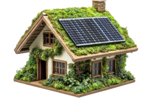 Eco friendly house model with solar panels and greenery png