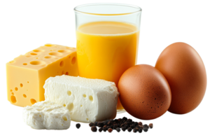 Breakfast ingredients with cheese, eggs, and juice png