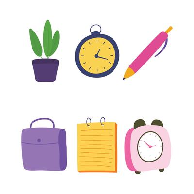 Colorful Elements Set of Business Office School Stationery with Paper Notes Plant Clock Pen Bag