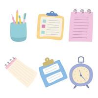 Office Elements Set of Business Stationery Paper Notes Clock Pencil Pen with Soft Pastel Color vector