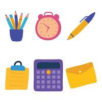 Colorful Elements Set of Business Office School Stationery with Paper Notes Clock Pen Calculator vector