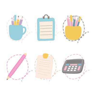 Pastel Elements Set of Office School Stationery Pencil Pen Paper Notes Calculator with Lines