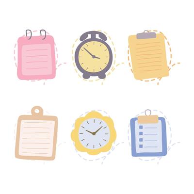 Pastel Elements Set of Office School Stationery Paper Notes Clock with Lines