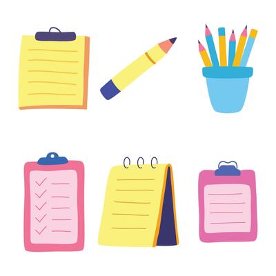 Colorful Elements Set of Business Office School Stationery with Paper Notes Pencil Pen Schedule