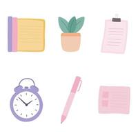 Office Elements Set of Business Stationery Paper Book Clock Pen Plant with Soft Pastel Color vector