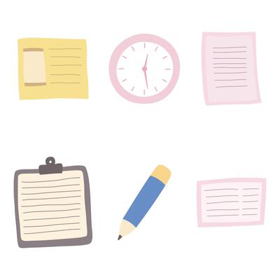 Office Elements Set of Business Stationery Paper Sticky Notes Clock Pencil with Soft Pastel Color