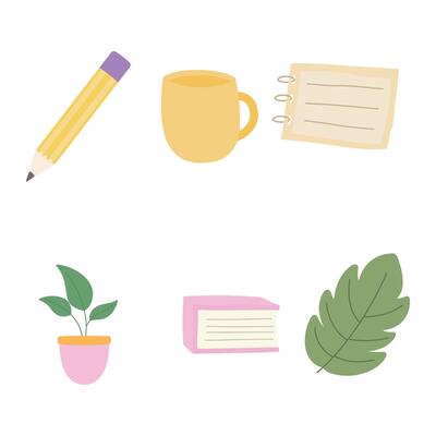 Office Elements Set of Business Stationery Pencil Cup Mug Paper Book Plant with Soft Pastel Color