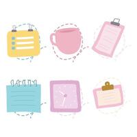 Pastel Elements Set of Office School Stationery Paper Notes Clock Cup Mug with Lines vector