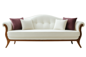 Elegant white sofa with decorative pillows and wooden frame png