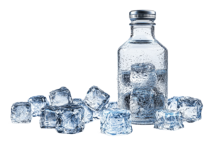 Cool refreshing water with ice cubes in a glass bottle png