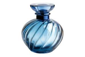 Elegant blue glass perfume bottle with swirled design png