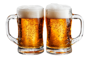 Refreshing beers in clear mugs with frothy tops png