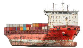 Large cargo ship with containers on a transparent background png