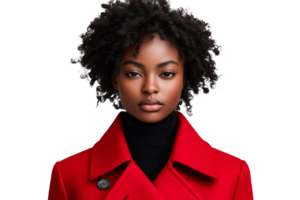 Confident woman in red coat with natural curls png