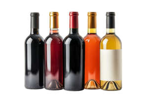 Selection of wine bottles with different colors and styles png