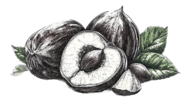 Delicious nuts and fruits with shell and leaves displayed png