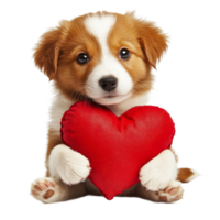 Cute puppy holding a red heart shaped pillow png