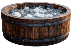 Rustic wooden hot tub with bubbling water display png
