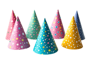 Colorful party hats arranged on a transparent background png