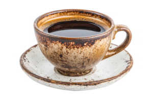 Fresh brewed coffee in a rustic cup on a saucer png