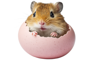 Hamster peeks from pink eggshell on transparent background png