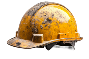Worn yellow hard hat with dust and scratches png