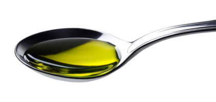 A metallic spoon holds a glossy layer of green olive oil png