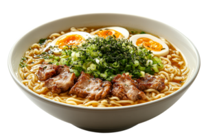 Delicious ramen bowl with tender meat and eggs png