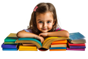 Child enjoying colorful books on a table png