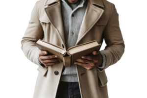 Person reading a book with a light coat and sweater png