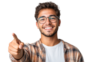 Young man smiling and pointing on a transparent background png