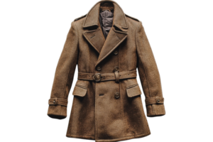 Brown wool overcoat with buttons and belt detail png