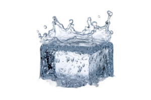 Ice cube splashing water droplets in a clean setting png
