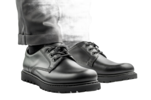 Stylish black shoes worn with gray pants in a casual setting png