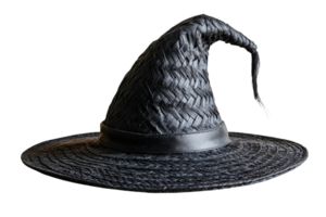 Black woven witch hat with wide brim and pointed top png