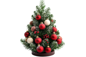 Festive Christmas tree adorned with red ornaments and snow png