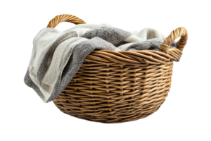 Woven basket with blanket on a transparent background png