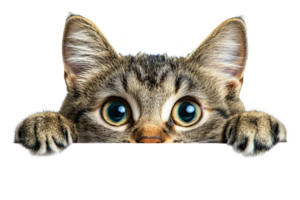 Curious cat peeking over a surface with wide eyes png