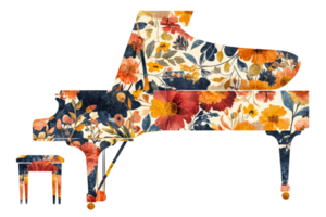 Elegant floral grand piano with matching stool design png