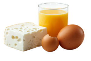 Breakfast items with cheese, eggs, and juice on a table png