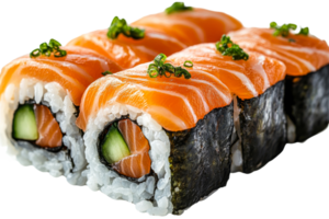 Fresh salmon sushi rolls with cucumber and seaweed layers png