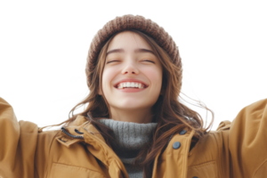 Smiling young woman enjoying winter outdoors with joy png
