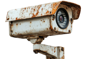 Rusty security camera on a metallic post in an urban area png