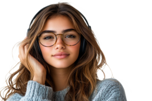 Young woman enjoying music with headphones while smiling png