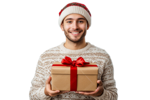 Man holding a gift with a warm smile during winter png