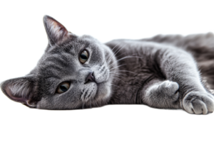 Gray cat resting on a smooth surface with calm expression png